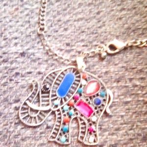 Elephant Pendant Colorful Stone's And Bead's Silver Necklace